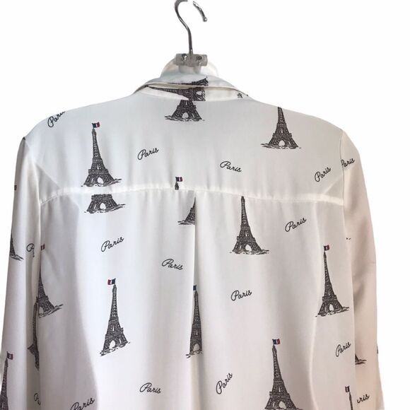 Forever 21 Paris Eiffel Graphic Print Tower Button Down Blouse White S - Picture 8 of 13